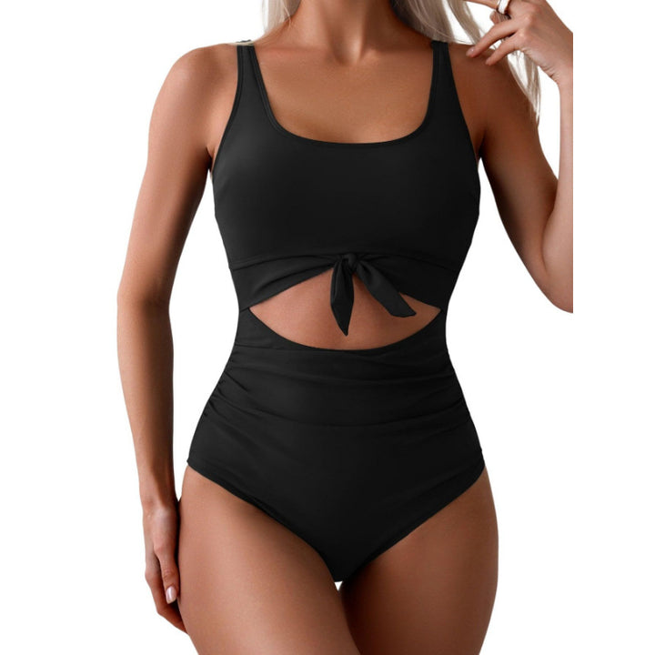 Slim-fitting, tummy-control, openwork, tie-up swimsuit