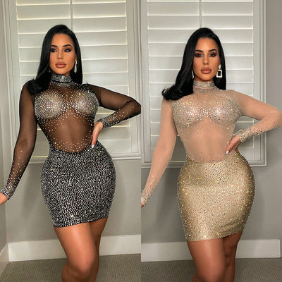 Mesh Long Sleeve Rhinestone Dress