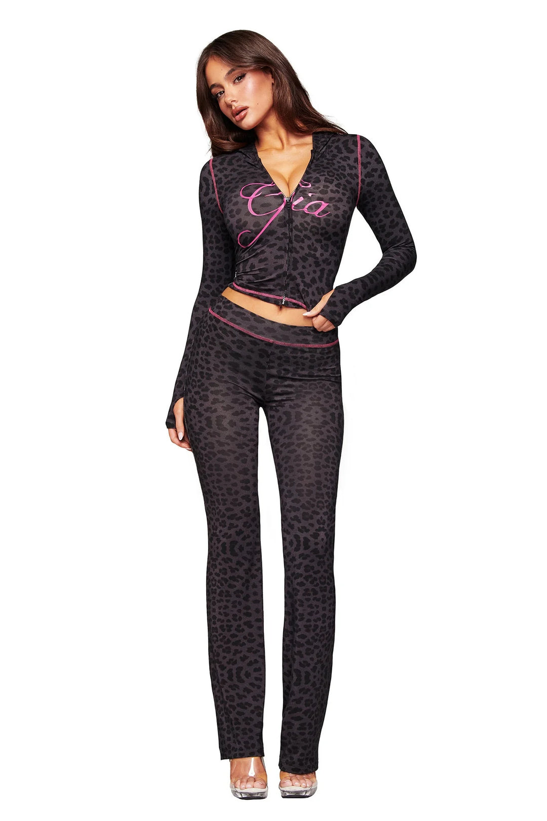 Long-sleeved cardigan printed high-waisted pants suit