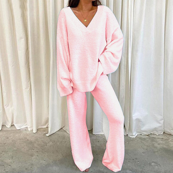 Solid-Color V-Neck Casual Sweater Set