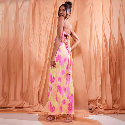 Printed Pressure Pleated Slim Bow Long Skirt