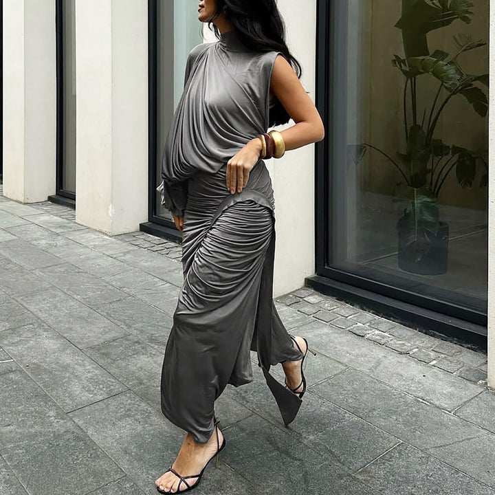 Elegant one-shoulder sleeve top and pleated skirt set