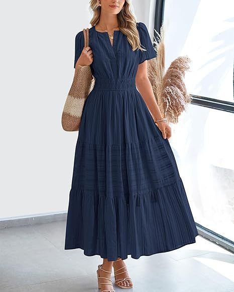 V-neck pleated bubble sleeve layered dress