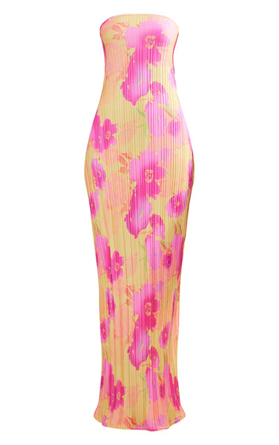 Printed Pressure Pleated Slim Bow Long Skirt