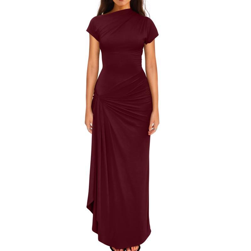 Slim-fit pleated tie-waist short-sleeved dress