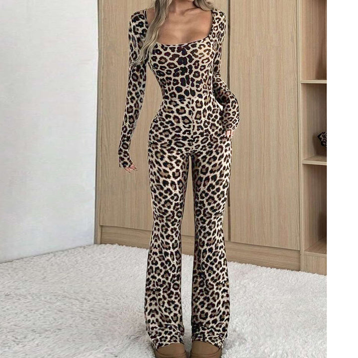 Square Neck Leopard Print Jumpsuit