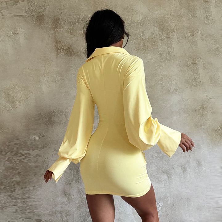 Deep V-neck pleated bodycon shirt dress