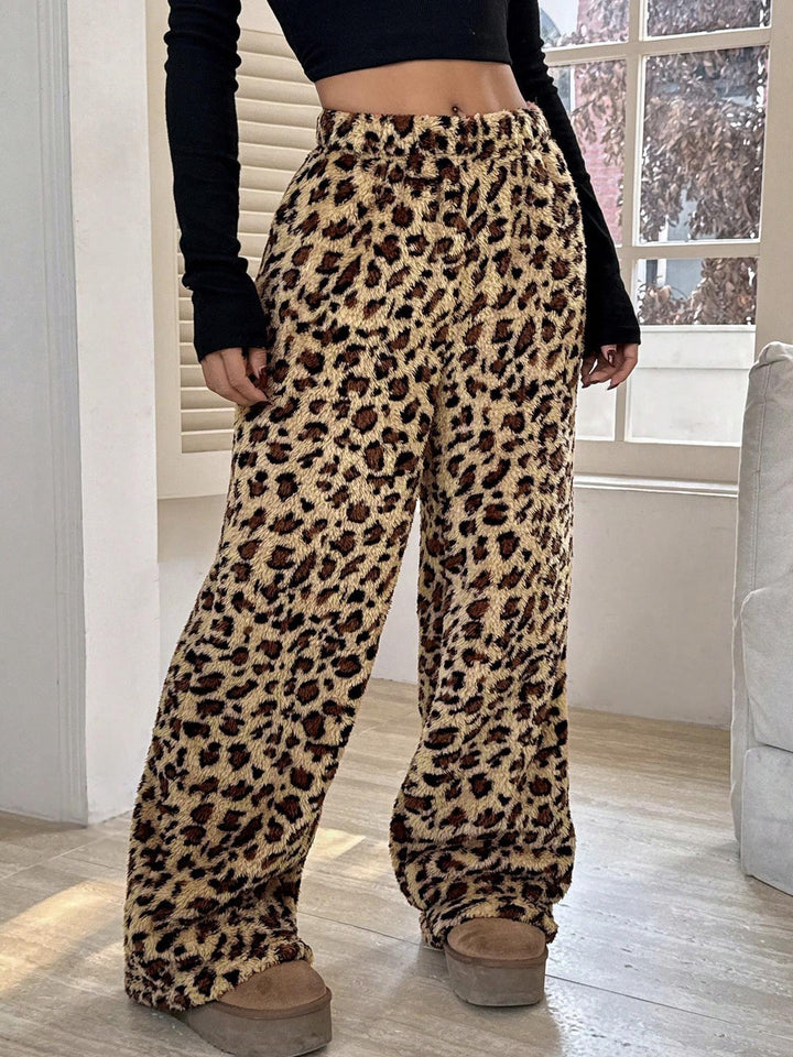 Fleece-lined and thickened leopard print wide-leg pants