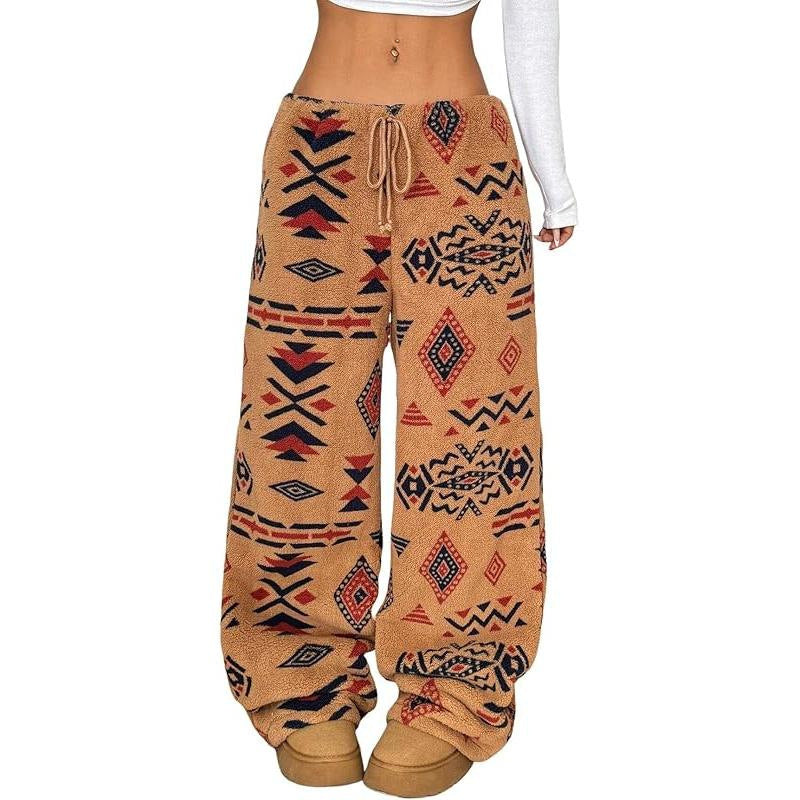 Fleece-lined and thickened leopard print wide-leg pants