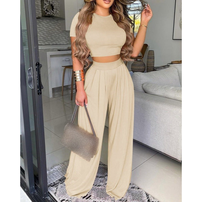 Round neck solid color wide leg pants casual suit