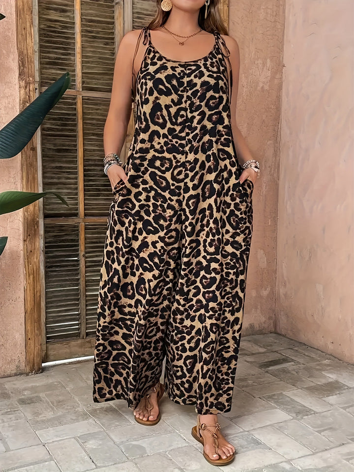 Leopard Print Sleeveless Strappy One-piece Trousers