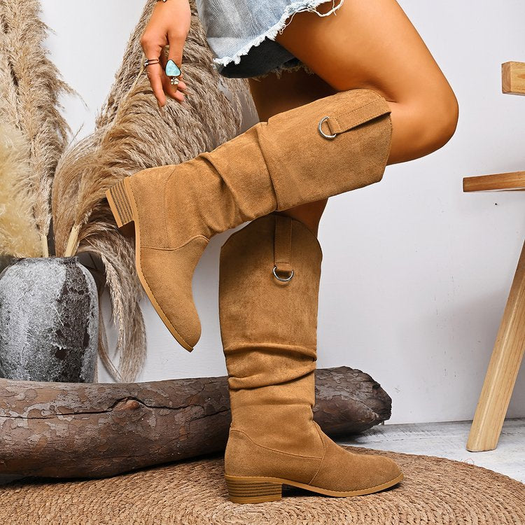 Suede pointed-toe square-heeled high boots