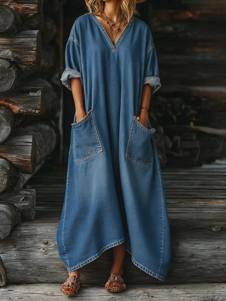 Elegant Urban-style Denim Balloon Sleeve Maxi Dress