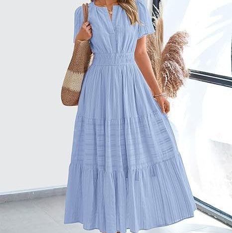 V-neck pleated bubble sleeve layered dress