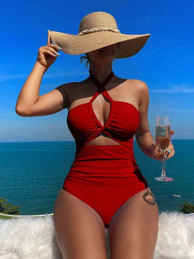 Backless High Waist Solid Color One Piece Swimsuit