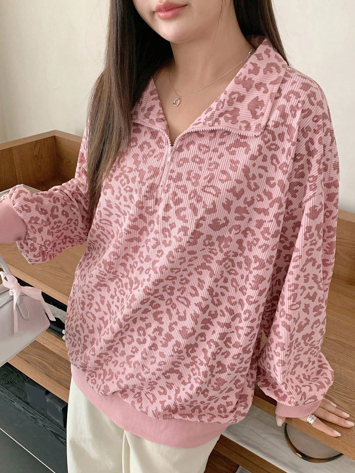 Casual leopard print zip-up sweatshirt