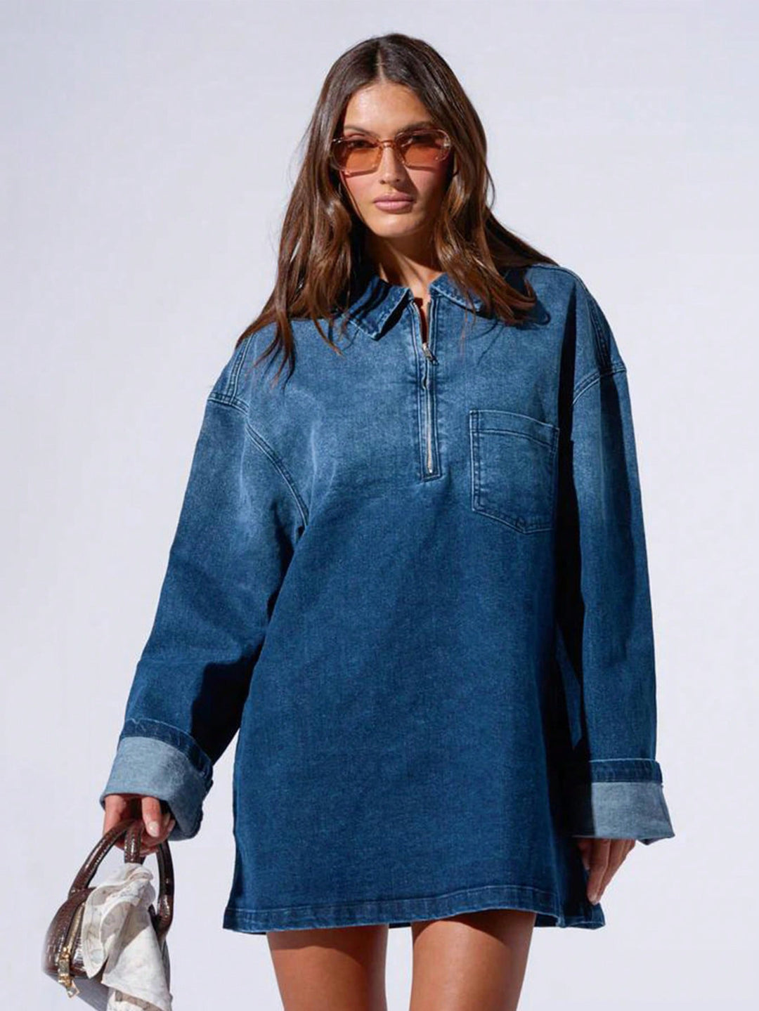 Oversized Half Zip Denim Shirt Dress
