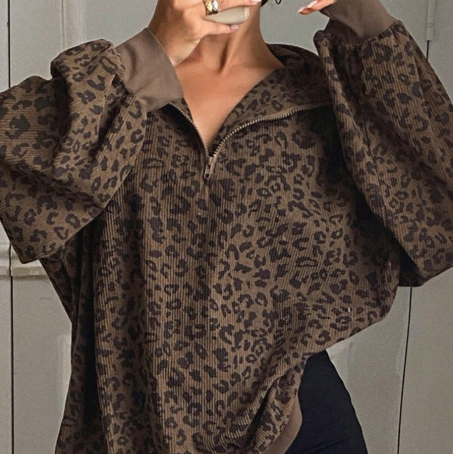 Casual leopard print zip-up sweatshirt