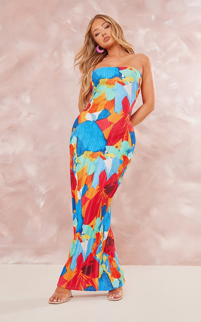 Printed Pressure Pleated Slim Bow Long Skirt