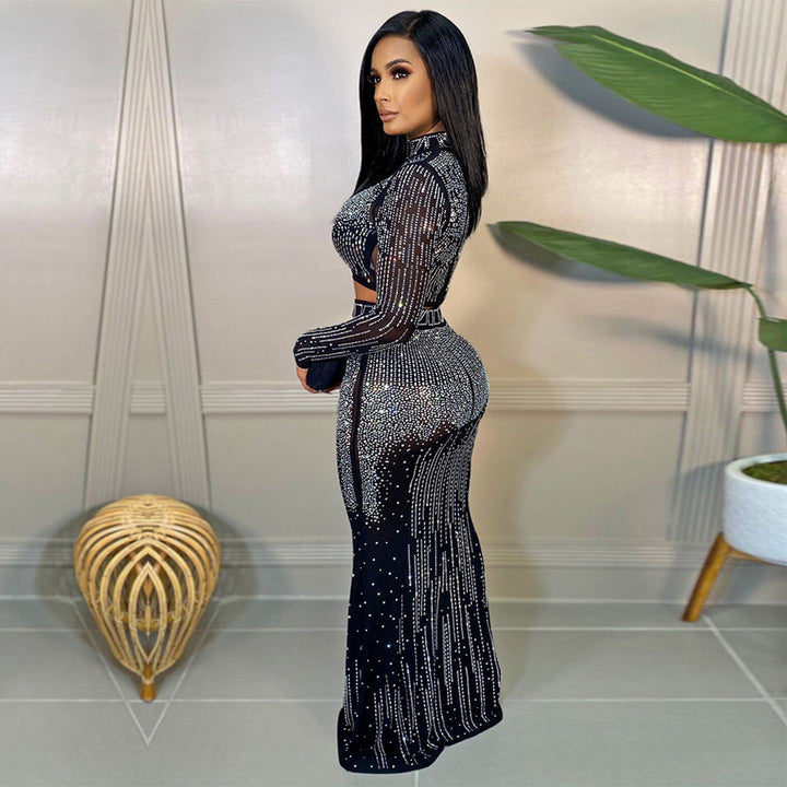 Elegant Rhinestone Midi Skirt Set