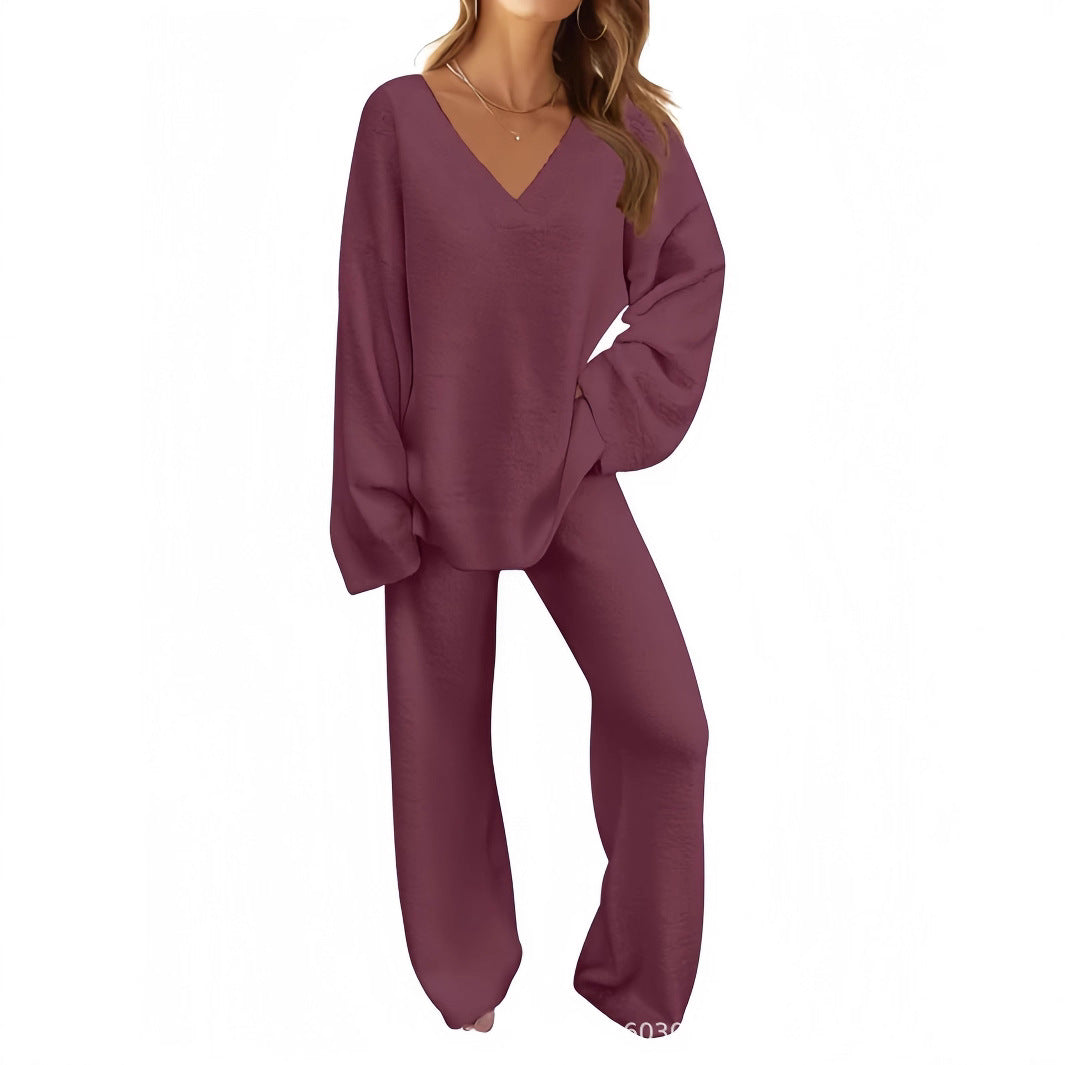 Solid-Color V-Neck Casual Sweater Set