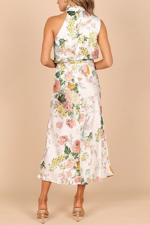 Sleeveless halter neck printed satin dress