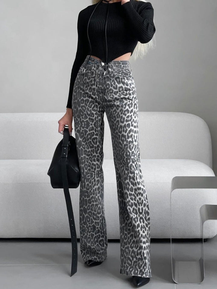 Leopard Print High Waisted Straight Leg Pants