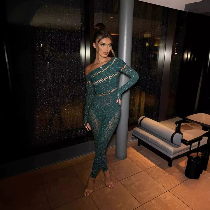 One-piece long-sleeve rhinestone glitter mesh jacket