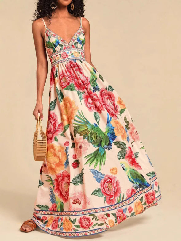 Spaghetti-strap printed V-neck maxi knit dress