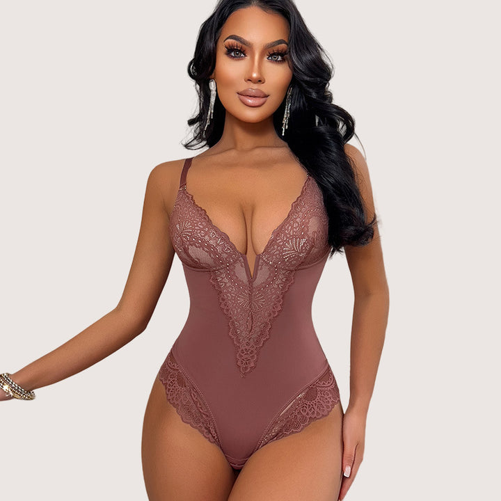 Lace waist cinching and hip lifting bodysuit jumpsuit