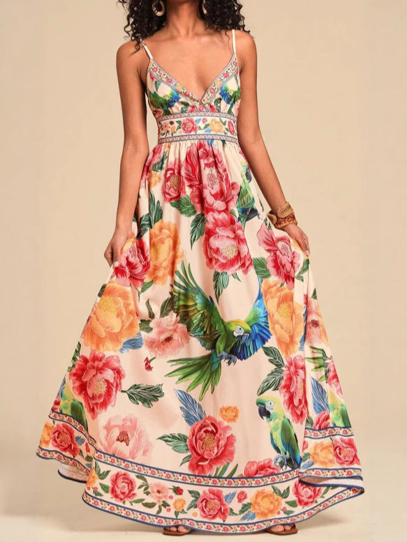 Spaghetti-strap printed V-neck maxi knit dress