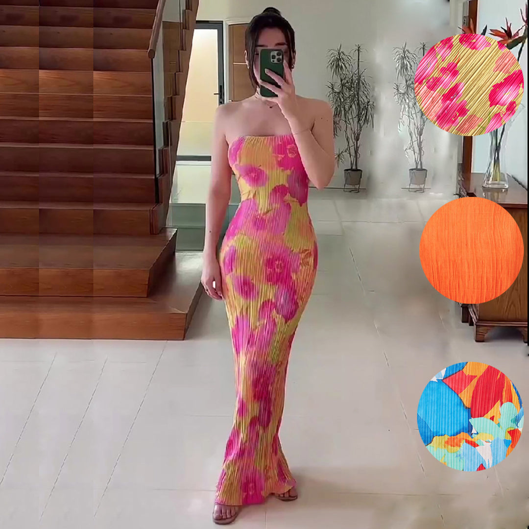 Printed Pressure Pleated Slim Bow Long Skirt