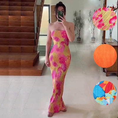 Printed Pressure Pleated Slim Bow Long Skirt
