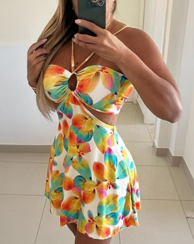 Printed Strapless Hanging Neck Hollow Out Dresses