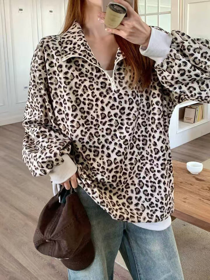 Casual leopard print zip-up sweatshirt
