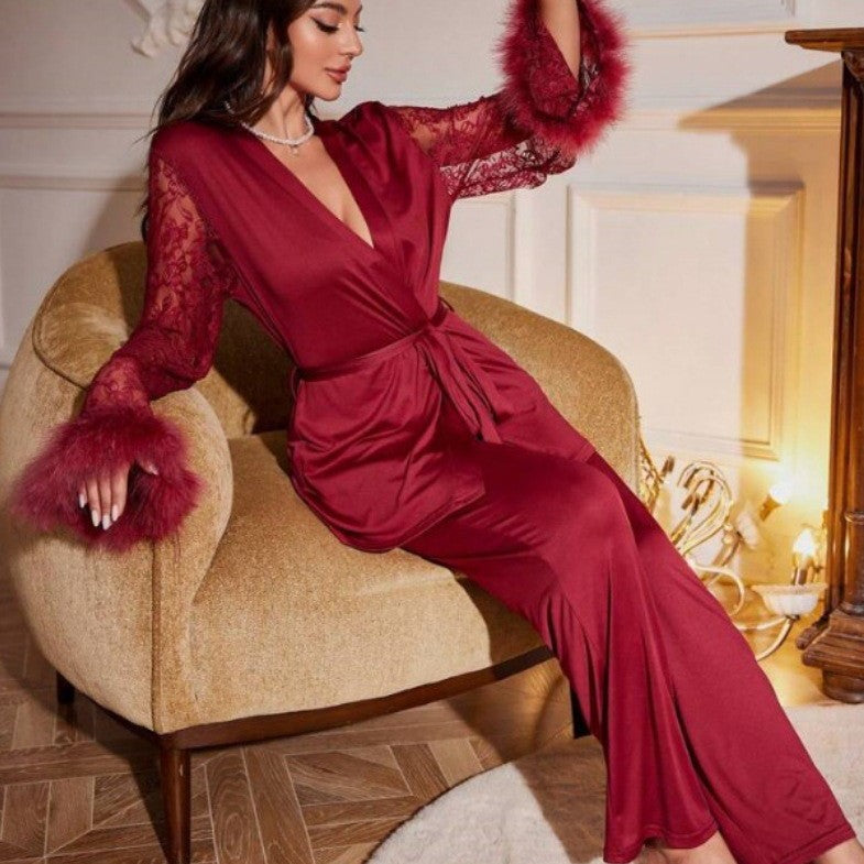 Patchwork lace V-neck trousers/robe