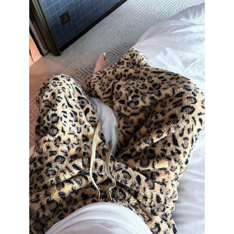 Fleece-lined and thickened leopard print wide-leg pants