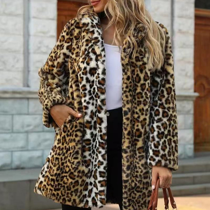 Leopard print loose fur coat