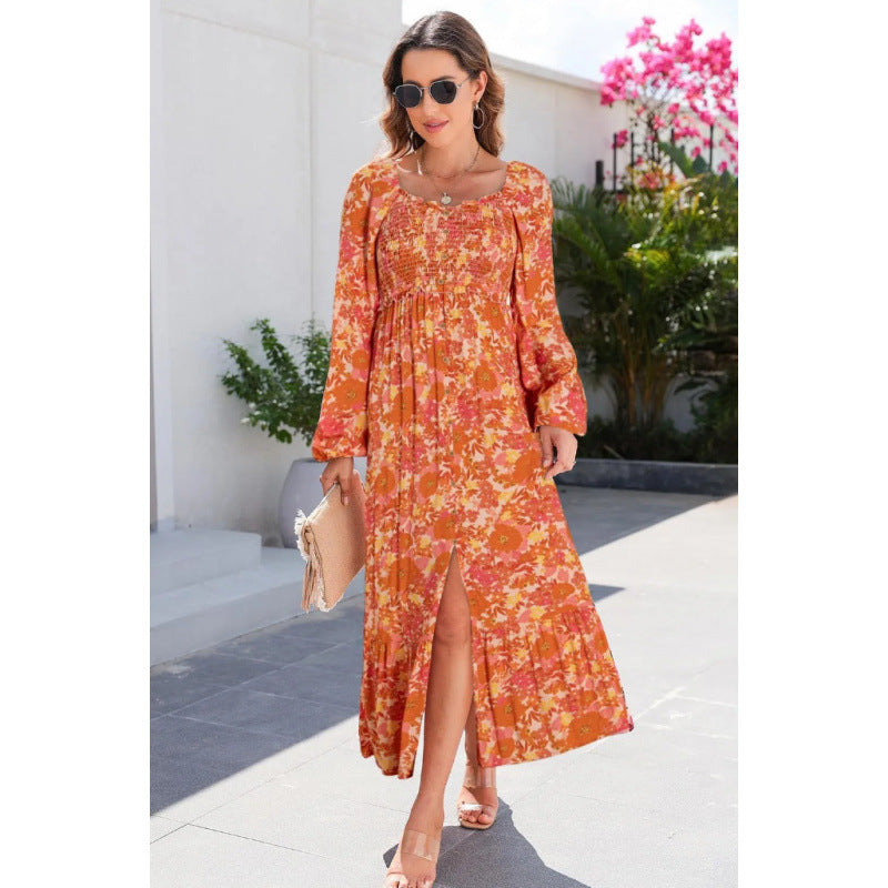 Fashion Printed Long Sleeve Square Neck Dress