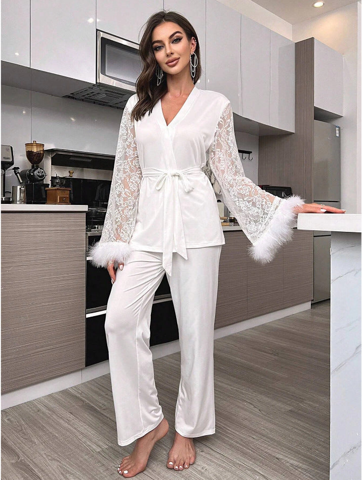 Patchwork lace V-neck trousers/robe