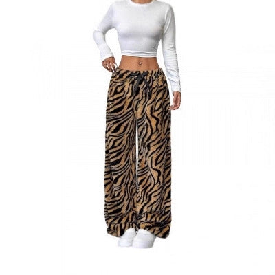Fleece-lined and thickened leopard print wide-leg pants
