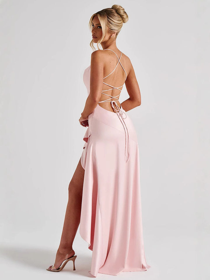 Spaghetti strap backless ruffle dress