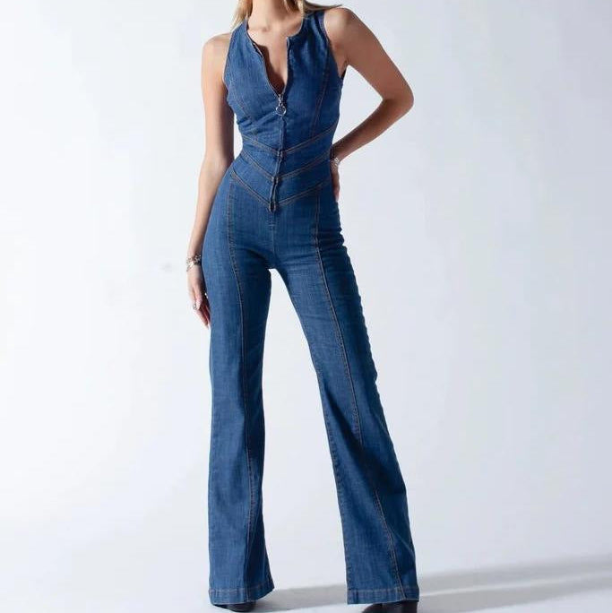 Retro-style high-waisted denim jumpsuit
