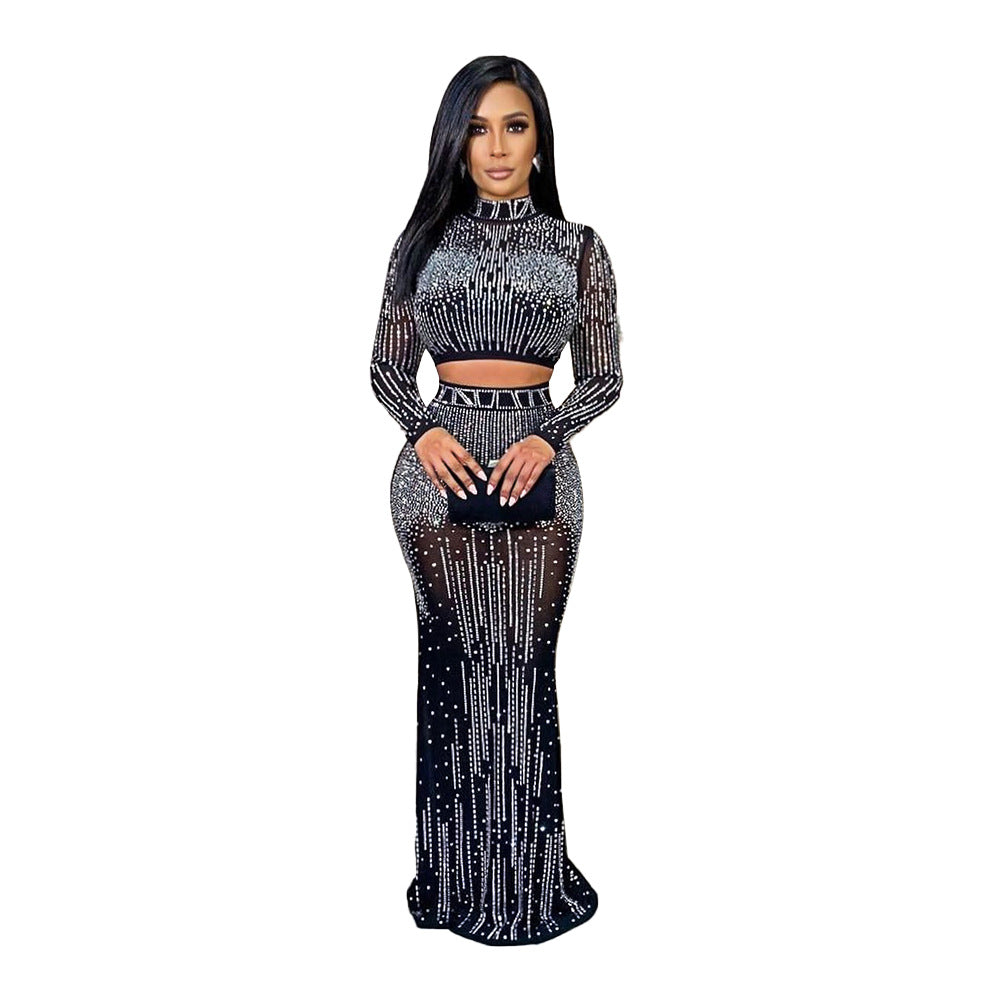 Elegant Rhinestone Midi Skirt Set