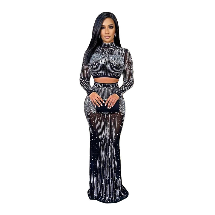 Elegant Rhinestone Midi Skirt Set