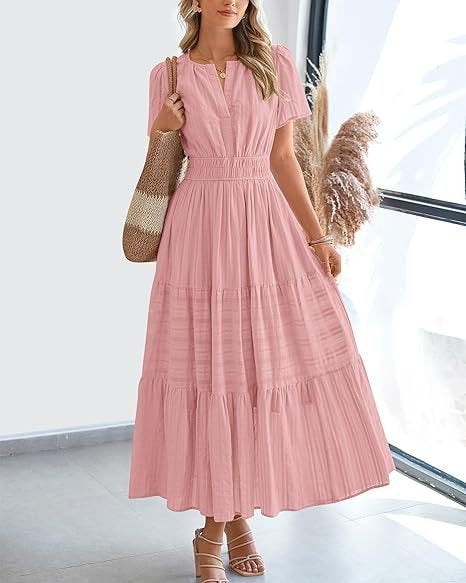 V-neck pleated bubble sleeve layered dress