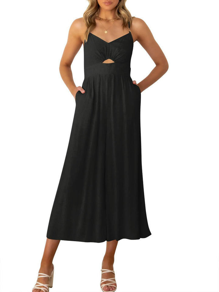 Solid color hollow suspender jumpsuit