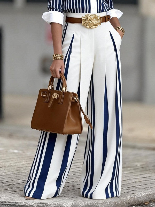 Casual striped shirt and slim-fit color-blocked trousers