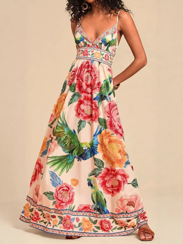 Spaghetti-strap printed V-neck maxi knit dress