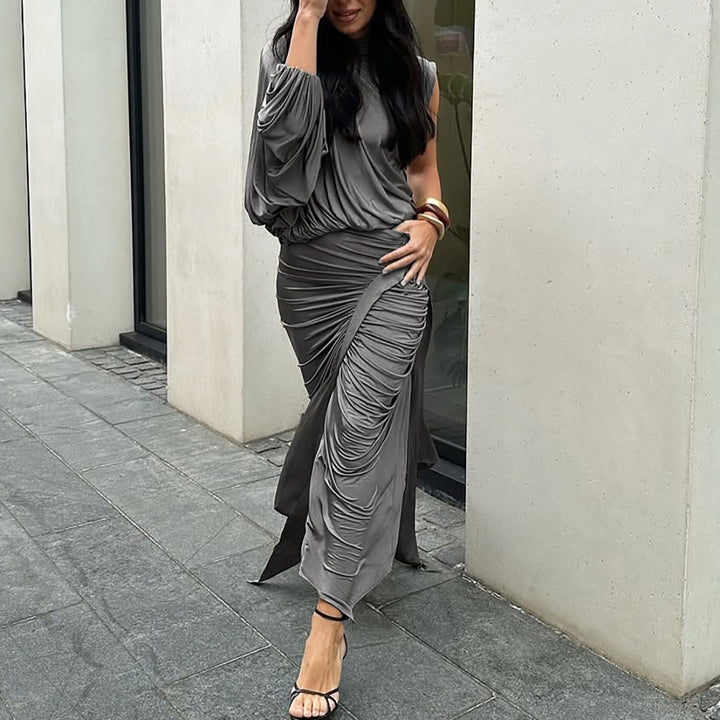 Elegant one-shoulder sleeve top and pleated skirt set